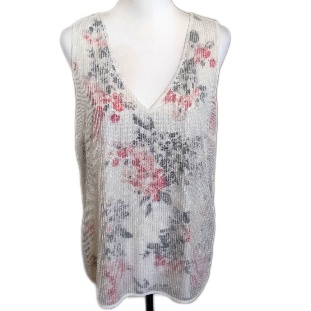 White House Black Market sleeveless floral blouse w/ sheer sequins L